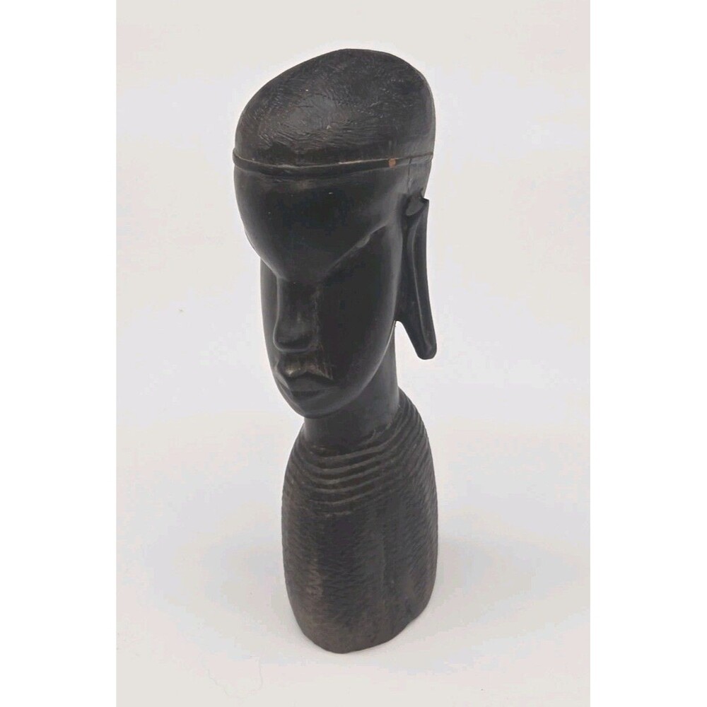 African Tribal Art Bust Statue Hand Carved Ebony Wood, Africa Kenya 9"